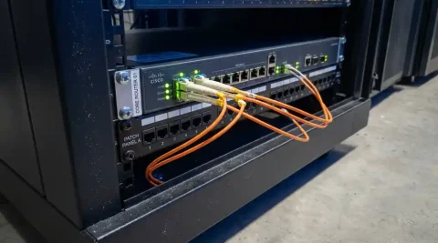 Losgekoppelde glasvezelkabel hangt uit een router in een serverruimte, terwijl groene indicatielampjes ononderbroken connectiviteit tonen.