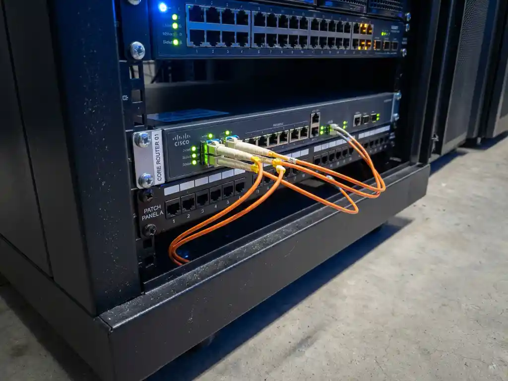 Losgekoppelde glasvezelkabel hangt uit een router in een serverruimte, terwijl groene indicatielampjes ononderbroken connectiviteit tonen.