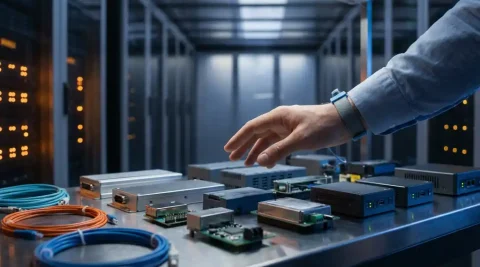 Hand van een netwerkengineer boven industriële IoT-hardwaremodules en sensoren op een stalen werkbank, met fiber optic kabels en edge computing units.