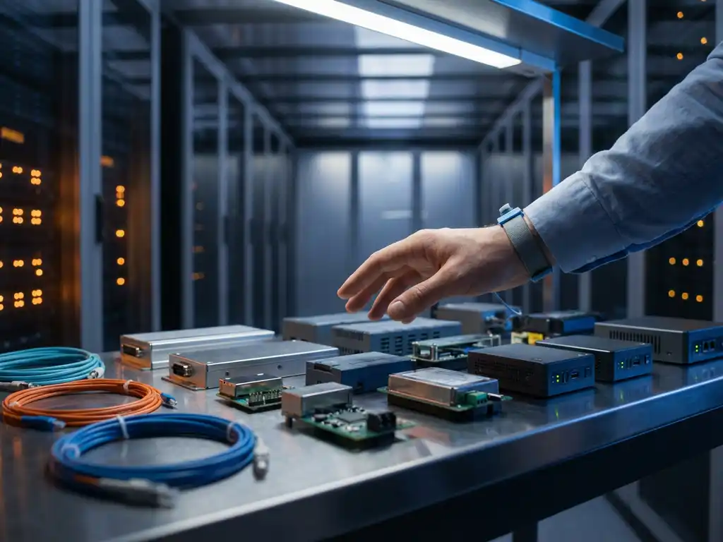 Hand van een netwerkengineer boven industriële IoT-hardwaremodules en sensoren op een stalen werkbank, met fiber optic kabels en edge computing units.