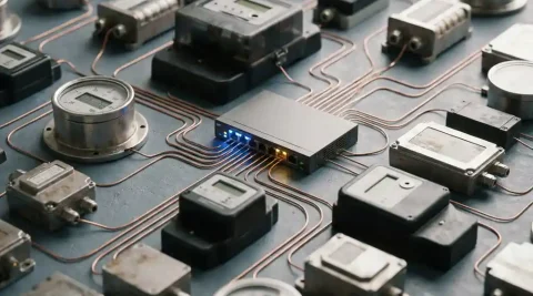 Industriële IoT-sensoren, slimme meters en veldmodules verbonden via koperen kabels naar een centrale netwerkswitch.