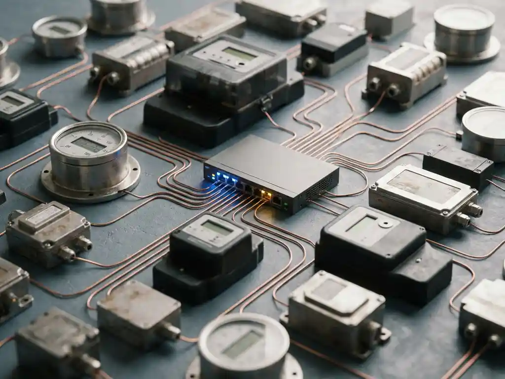Industriële IoT-sensoren, slimme meters en veldmodules verbonden via koperen kabels naar een centrale netwerkswitch.