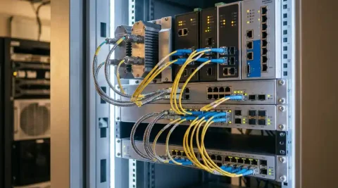 Industriële IoT-sensoren en robuuste netwerkhardware op stalen serverrek met glasvezelkabels en gloeiende status-LED's.
