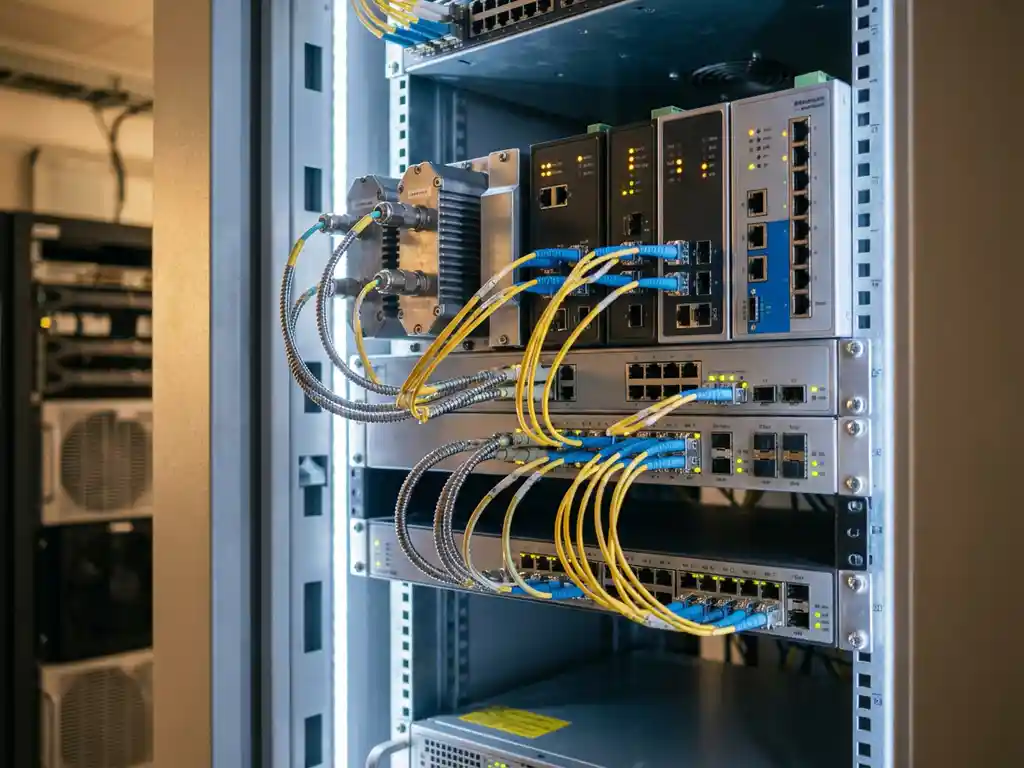 Industriële IoT-sensoren en robuuste netwerkhardware op stalen serverrek met glasvezelkabels en gloeiende status-LED's.