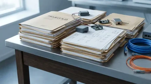Stapel technische documentatiemappen met netwerkdiagrammen op industrieel bureau, IoT-sensoren en ethernetkabel erboven.