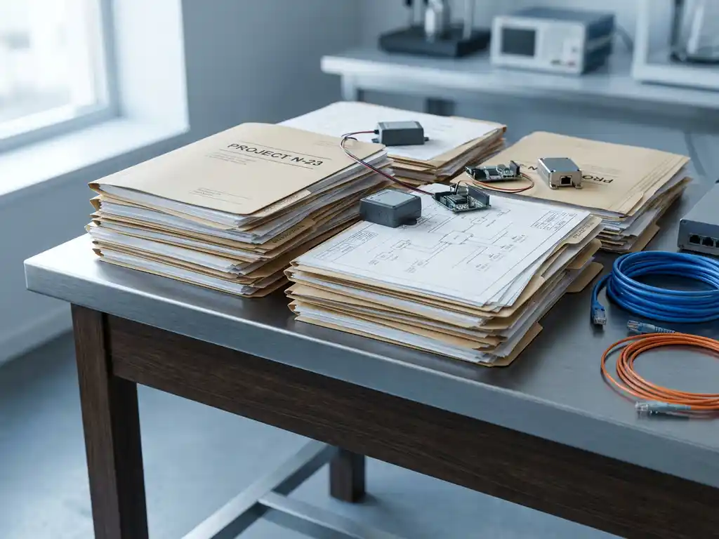 Stapel technische documentatiemappen met netwerkdiagrammen op industrieel bureau, IoT-sensoren en ethernetkabel erboven.