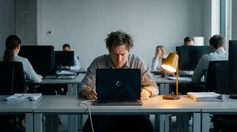 Gefrustreerde kantoormedewerker voor bevroren laptopscherm, losgekoppelde ethernetkabel op bureau, collega's op de achtergrond in modern open kantoor.