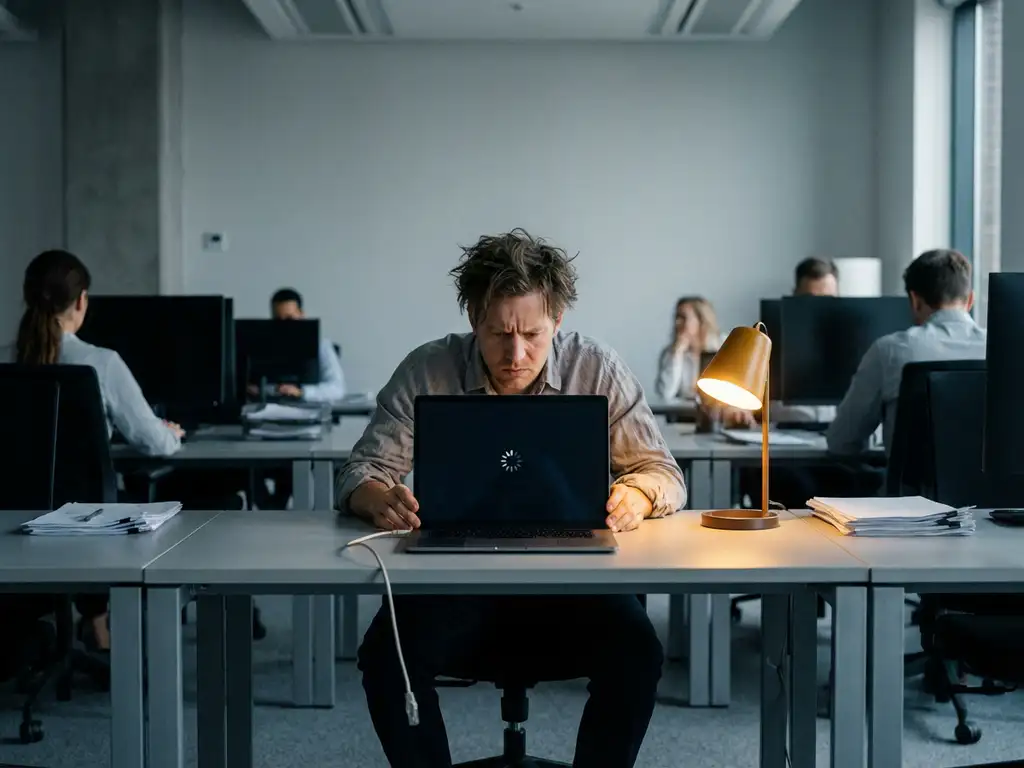 Gefrustreerde kantoormedewerker voor bevroren laptopscherm, losgekoppelde ethernetkabel op bureau, collega's op de achtergrond in modern open kantoor.