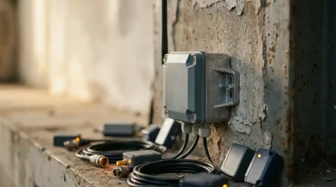 Compacte LPWAN-gateway met antenne gemonteerd op verweerde industriële muur, omringd door IoT-sensoren en kabelconnectoren op betonnen ondergrond.