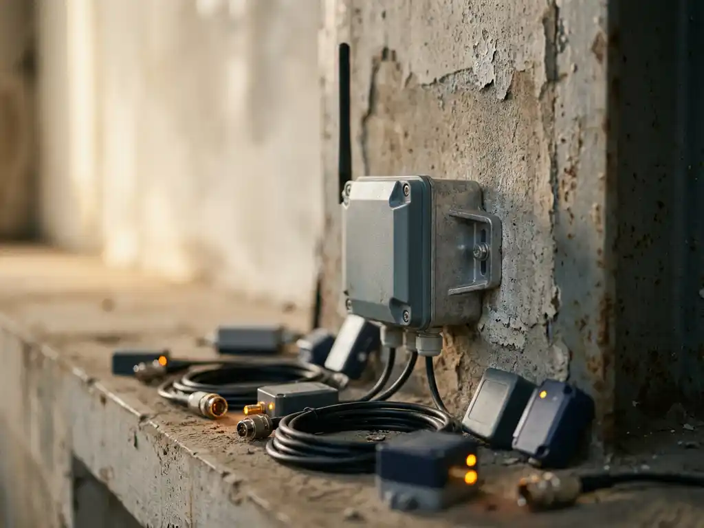 Compacte LPWAN-gateway met antenne gemonteerd op verweerde industriële muur, omringd door IoT-sensoren en kabelconnectoren op betonnen ondergrond.