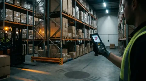 Magazijnmedewerker met draadloze barcodescanner zonder signaal tussen hoge metalen stellingkasten, onder een draadloos accesspoint met dode zone.
