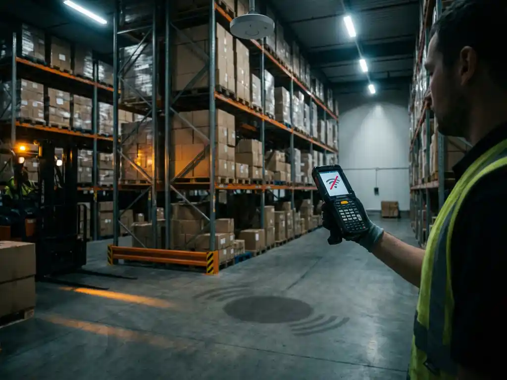Magazijnmedewerker met draadloze barcodescanner zonder signaal tussen hoge metalen stellingkasten, onder een draadloos accesspoint met dode zone.