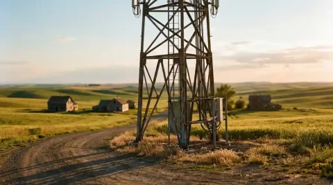 Mobiele zendmast in ruraal landschap met groene velden, boerderijen en onverharde weg in warm middaglicht.