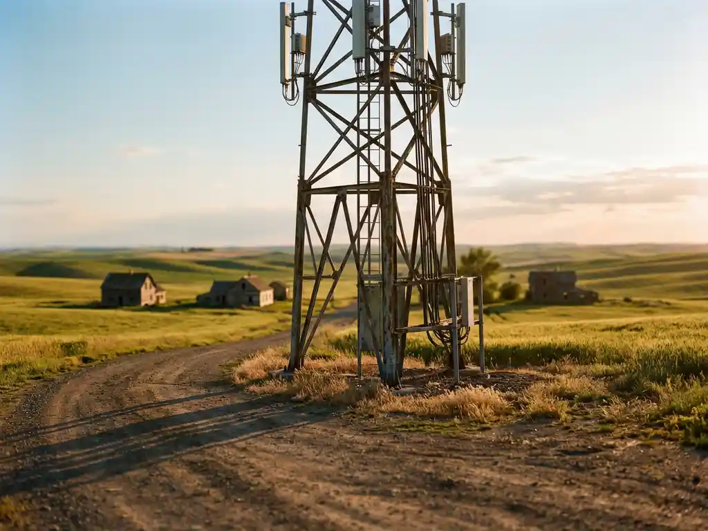 Mobiele zendmast in ruraal landschap met groene velden, boerderijen en onverharde weg in warm middaglicht.