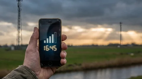 Verouderde smartphone met vol signaal voor een Hollands landschap met zendmasten en dramatische gouden lucht.