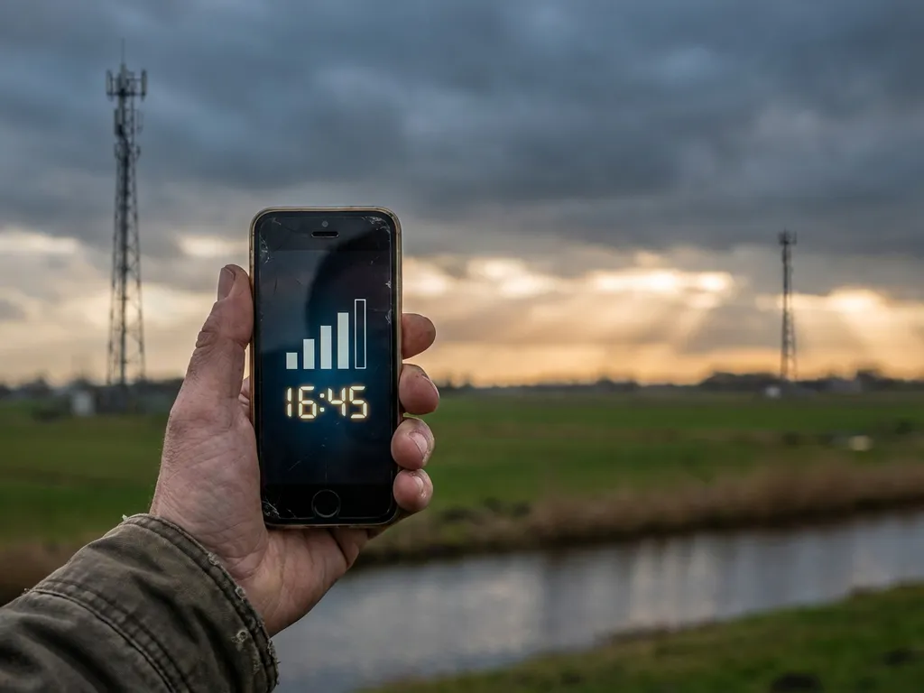 Verouderde smartphone met vol signaal voor een Hollands landschap met zendmasten en dramatische gouden lucht.