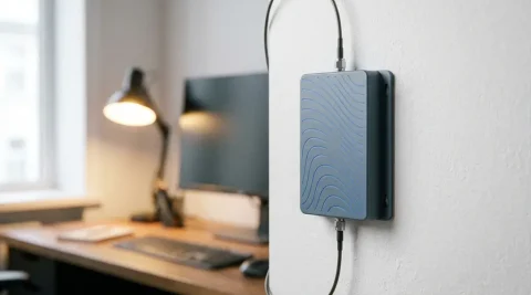 Compacte mobiele signaalversterker op witte kantoorwand met antennekabels, signaalgolfpatronen op grijs-blauwe behuizing, professionele werkruimte op achtergrond.