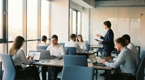 Professionals in modern kantoor met laptops en smartphones, persoon bekijkt netwerkdiagrammen op tablet bij glazen wand, warm natuurlijk licht.