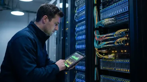 Netwerkingenieur naast serverrack in datacenter met tablet waarop live signaaldiagnostiek zichtbaar is, omgeven door glasvezelkabels en statusindicatoren.