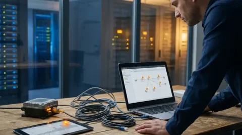 Netwerkingenieur analyseert verbonden apparaten — laptop, tablet en industriële sensor — op bureau met waarschuwingsindicatoren en verstrengelde ethernetkabels.