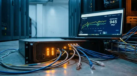 Netwerkrouter met knipperende amber statuslichten op datacenter vloer, ethernet kabels loshanging, laptop met snelheidstest grafiek op achtergrond.