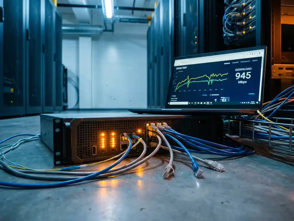 Netwerkrouter met knipperende amber statuslichten op datacenter vloer, ethernet kabels loshanging, laptop met snelheidstest grafiek op achtergrond.
