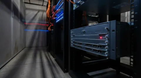 Rack-gemonteerde netwerkrouter met donkere indicatorlampjes en één rood LED-lampje in een schaars verlichte serverruimte.