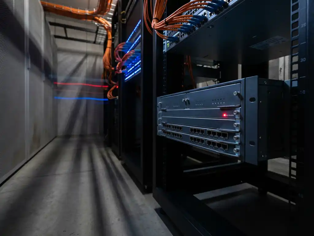Rack-gemonteerde netwerkrouter met donkere indicatorlampjes en één rood LED-lampje in een schaars verlichte serverruimte.