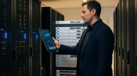 IT-professional met tablet met netwerkprestatiegraven in moderne serverruimte met rack-mounted access points en enterprise netwerkhardware.