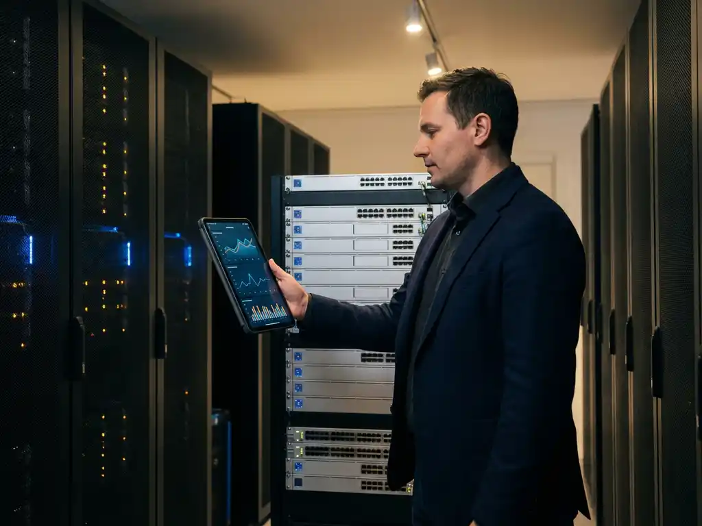 IT-professional met tablet met netwerkprestatiegraven in moderne serverruimte met rack-mounted access points en enterprise netwerkhardware.