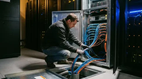 Netwerkingenieur bij open vloerpaneel traceert dikke glasvezelkabels naar serverrack in industriële serverruimte.