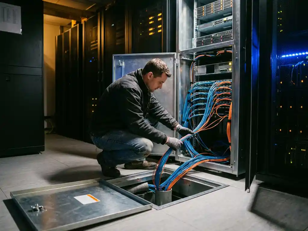 Netwerkingenieur bij open vloerpaneel traceert dikke glasvezelkabels naar serverrack in industriële serverruimte.