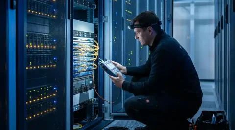 Netwerkingenieur meet signaalsterkte bij open serverrack in datacenter, omgeven door knipperende fiber patch panels.