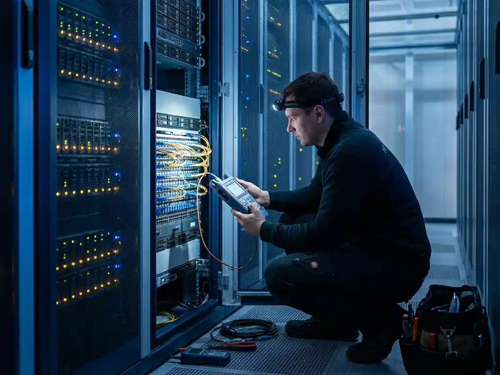 Netwerkingenieur meet signaalsterkte bij open serverrack in datacenter, omgeven door knipperende fiber patch panels.