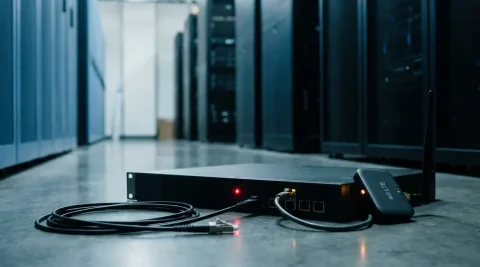 Netwerkrouter op serverroomvloer met rode LED-waarschuwing, losgekoppelde glasvezelkabel en 4G LTE-modem als failover-backup.