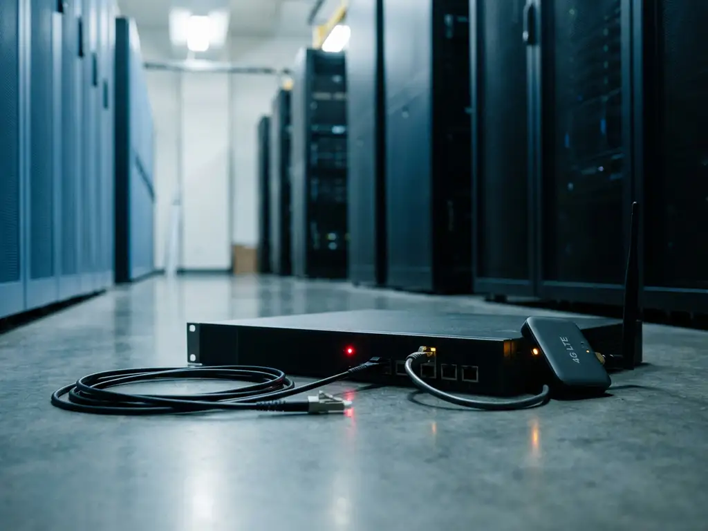 Netwerkrouter op serverroomvloer met rode LED-waarschuwing, losgekoppelde glasvezelkabel en 4G LTE-modem als failover-backup.