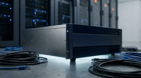 Enterprise router met uitgeschakelde indicatielampjes op serverroomvloer, omgeven door losgekoppelde ethernetkabels met blauw ambient licht op achtergrond.