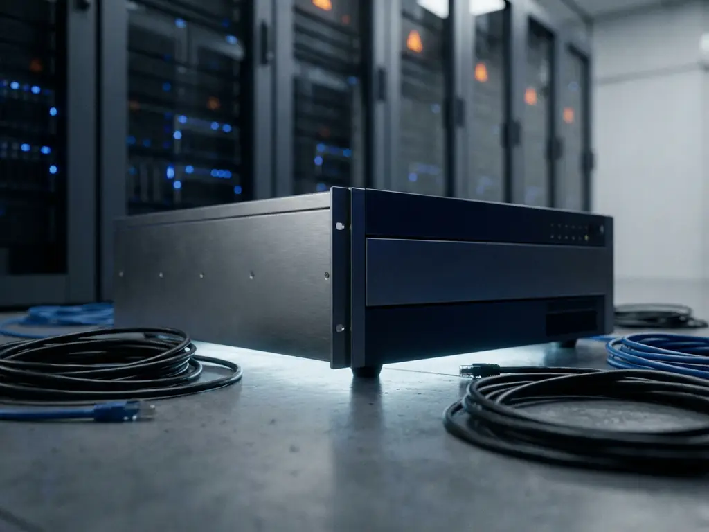 Enterprise router met uitgeschakelde indicatielampjes op serverroomvloer, omgeven door losgekoppelde ethernetkabels met blauw ambient licht op achtergrond.