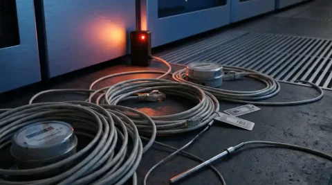 Losse ethernet-kabels en IoT-sensoren zoals slimme meters en een temperatuursonde op een donkere serverruimtevloer, rood LED-lampje knippert.