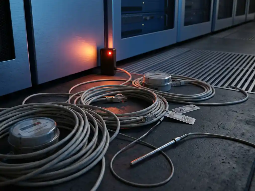 Losse ethernet-kabels en IoT-sensoren zoals slimme meters en een temperatuursonde op een donkere serverruimtevloer, rood LED-lampje knippert.