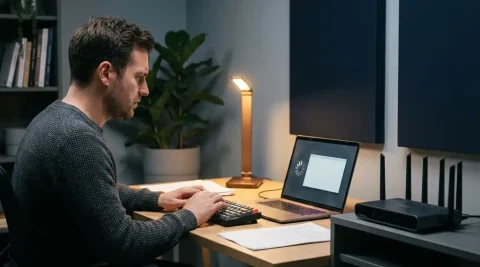 Gefrustreerde kantoormedewerker achter laptop met bevroren laadscherm, uitgeschakelde enterprise router op bureau, zachte amberlamp.