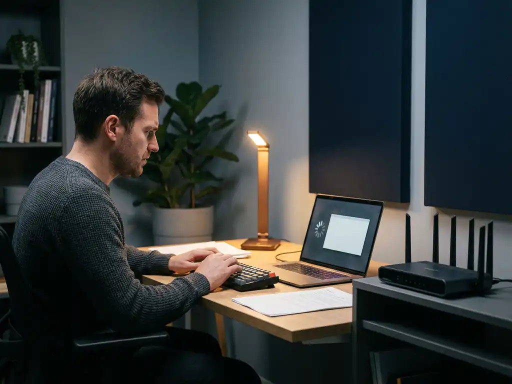 Gefrustreerde kantoormedewerker achter laptop met bevroren laadscherm, uitgeschakelde enterprise router op bureau, zachte amberlamp.