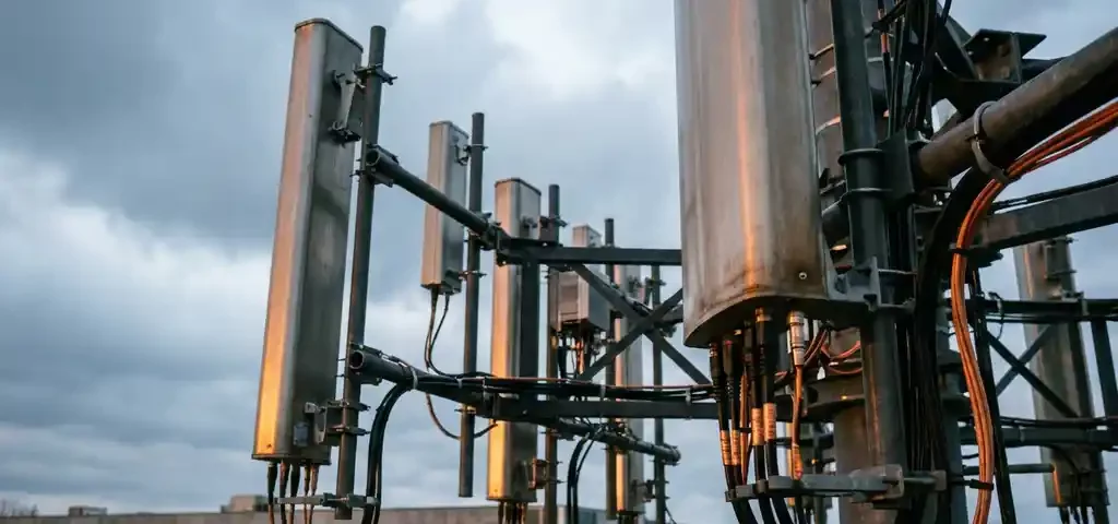 Cluster van 5G-antennemasten boven moderne industriële campus, met kabels langs stalen beugels, gefotografeerd vanuit laag perspectief.