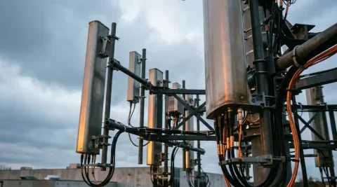 Cluster van 5G-antennemasten boven moderne industriële campus, met kabels langs stalen beugels, gefotografeerd vanuit laag perspectief.