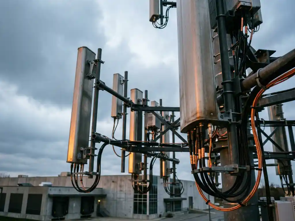 Cluster van 5G-antennemasten boven moderne industriële campus, met kabels langs stalen beugels, gefotografeerd vanuit laag perspectief.