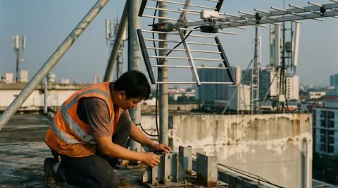 Technicus in veiligheidsvest inspecteert beugels van grote directionele antenne op industrieel dak met communicatietorens op achtergrond.