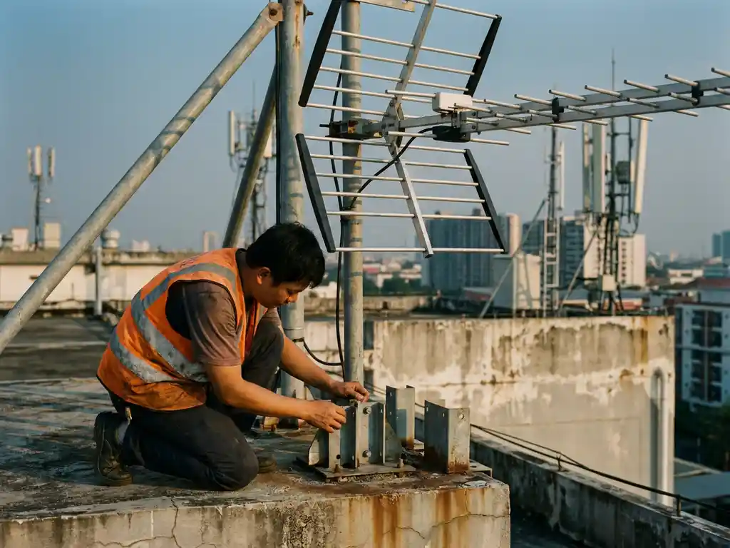 Technicus in veiligheidsvest inspecteert beugels van grote directionele antenne op industrieel dak met communicatietorens op achtergrond.