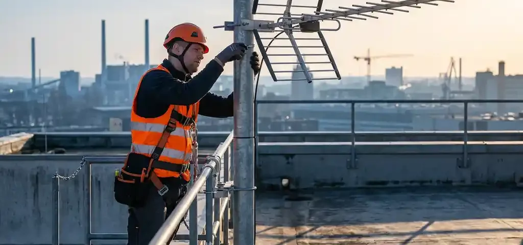 Technicus met veiligheidsharnas monteert grote directionele antenne op stalen mast, industriële skyline op achtergrond.