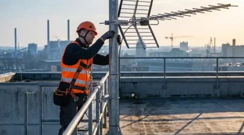 Technicus met veiligheidsharnas monteert grote directionele antenne op stalen mast, industriële skyline op achtergrond.