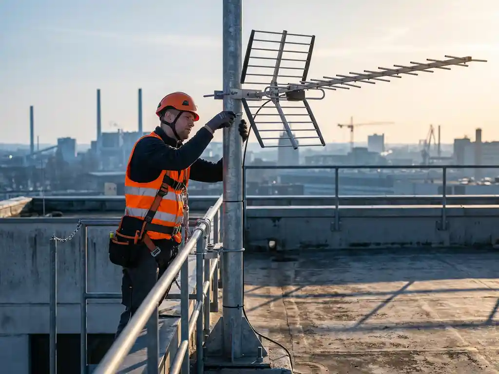 Technicus met veiligheidsharnas monteert grote directionele antenne op stalen mast, industriële skyline op achtergrond.